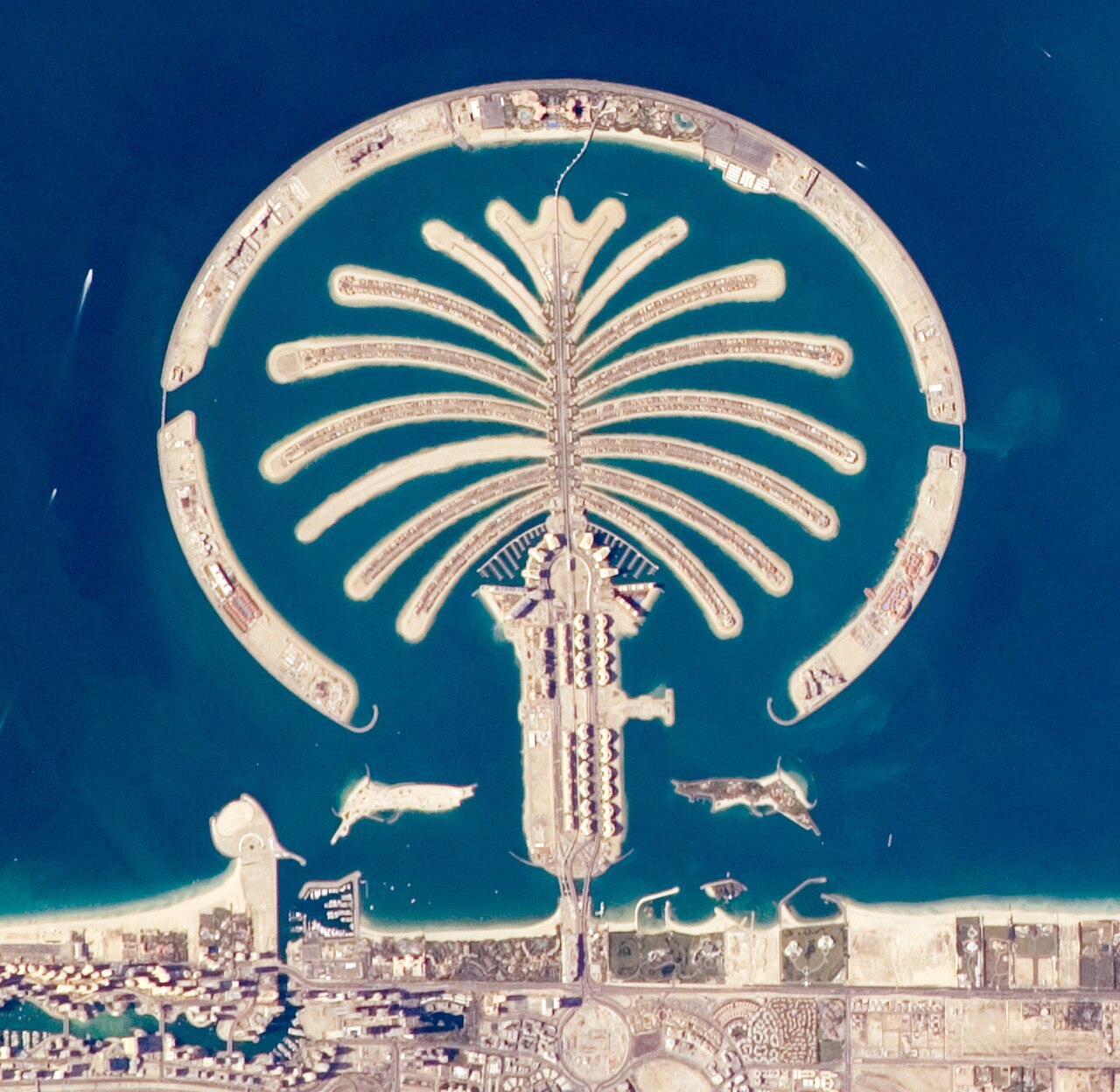 An aerial view of the palm-shaped Palm Jumeirah island in Dubai.