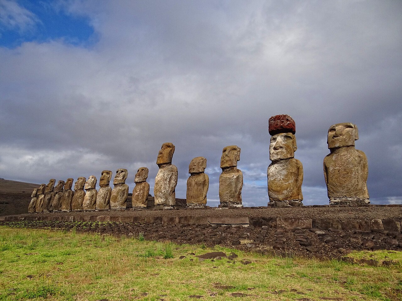 The row of moai at Ahu Tongariki on Rapa Nui, Chile.