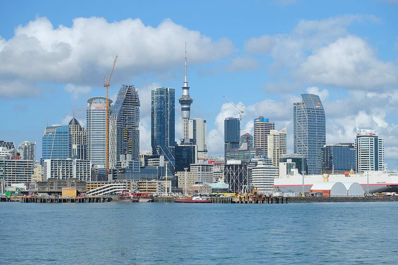 Auckland’s skyline and Sky Tower seen across Waitematā Harbour.