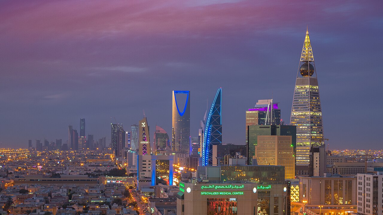 The illuminated Riyadh skyline including Kingdom Centre.