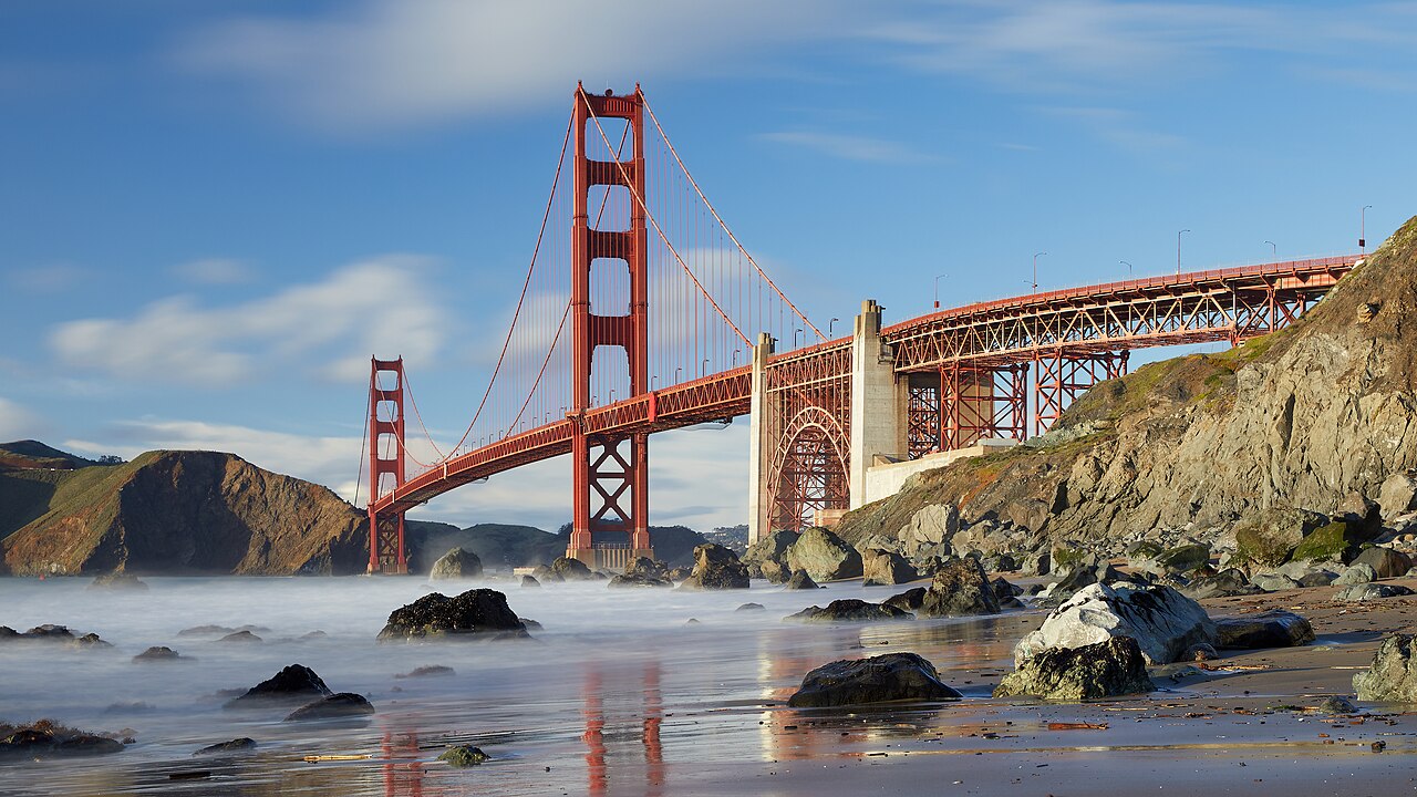 Golden Gate Bridge above the Pacific coast, seen from Marshall’s Beach.