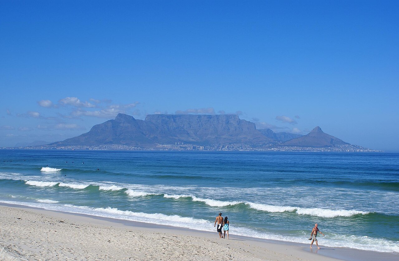 Table Mountain seen across the blue waters of Table Bay near Cape Town.