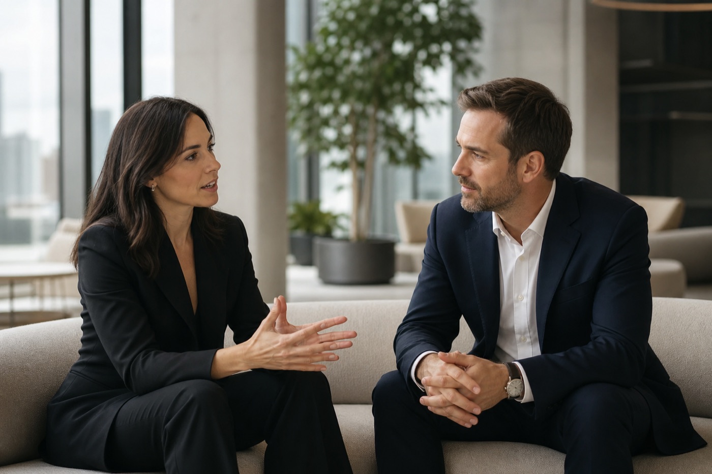 Two professionals in a focused conversation